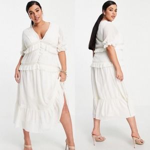 ASOS Curve Cream Midi Dress with Ruffles